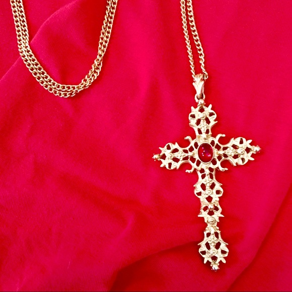 Avon Vintage Cross Necklace with Red Jewel - Picture 2 of 5